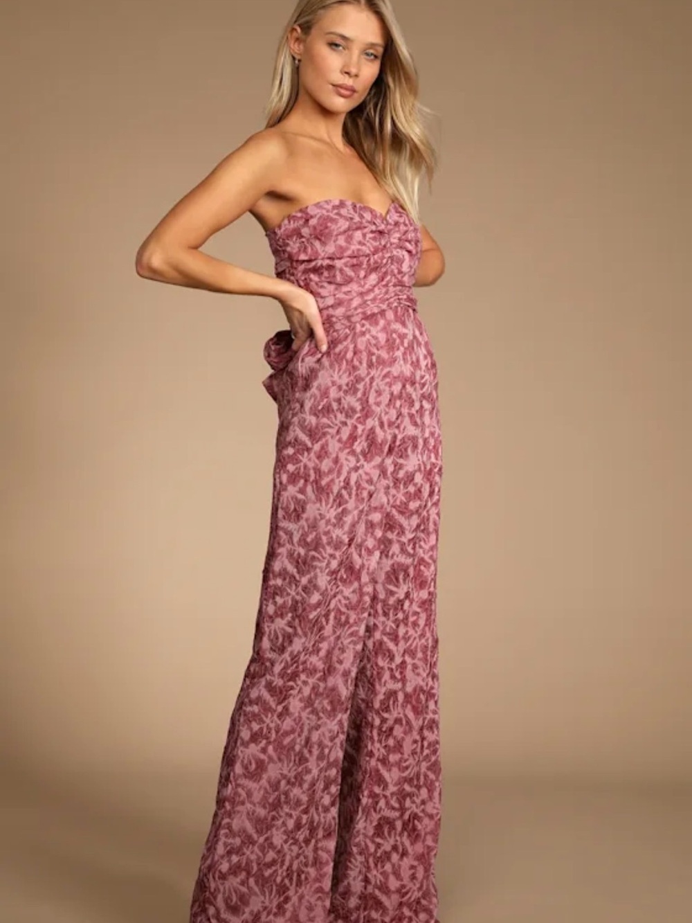 Lulu's Strapless Rose-Pink Floral Wide-Leg Jumpsuit